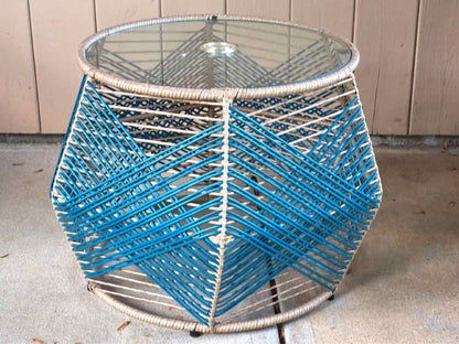 Pair of Tan Weave Arm Chairs & Matching Round Side Table