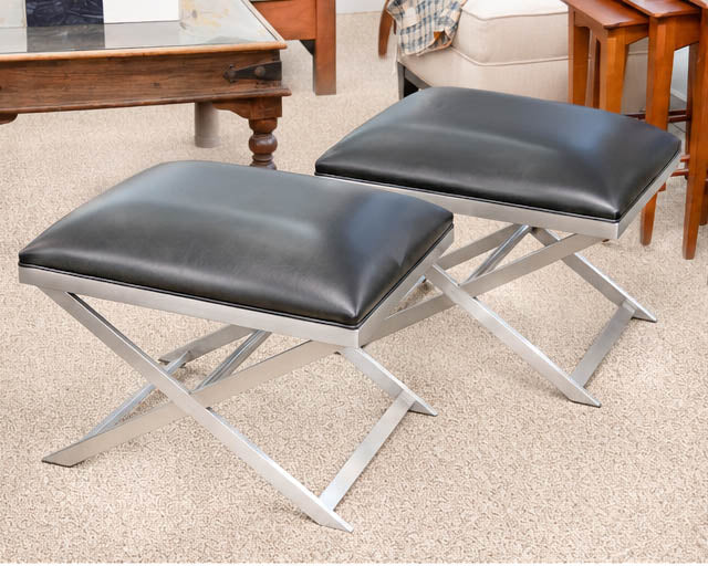 Pair of Ethan Allen Xanadu X-Base Ottomans in Black Leather