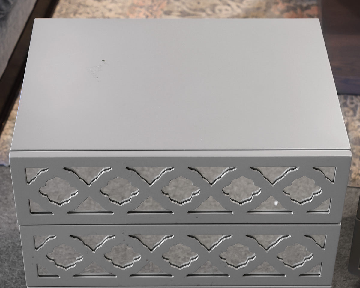 Pair of Grey Nightstands with Mirrored Drawer Fronts