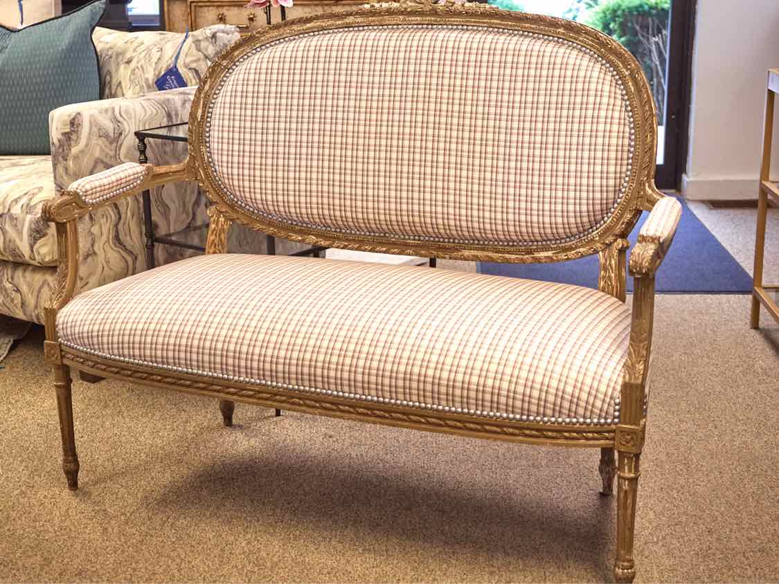 French Provincial Style Settee with Plaid Upholstery & Nickel Nailhead