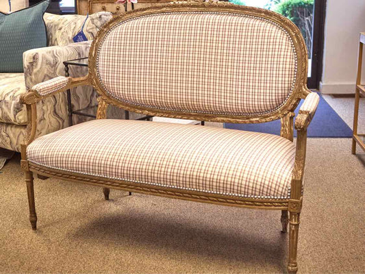 French Provincial Style Settee with Plaid Upholstery & Nickel Nailhead