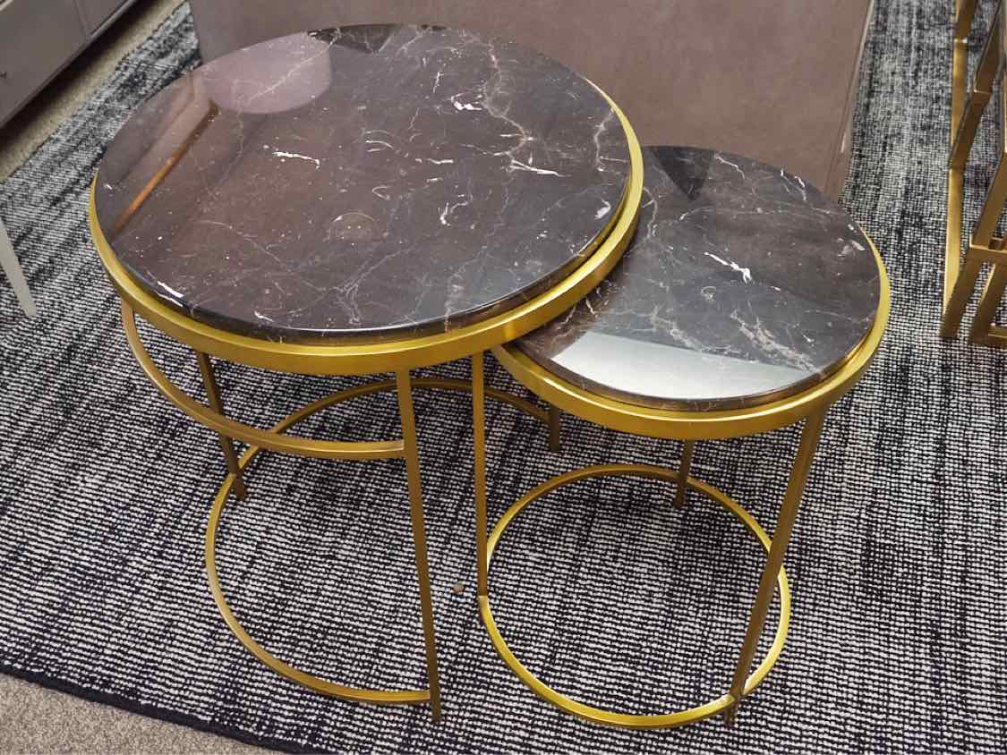 Pair of Black Marble Nesting  Side Tables with  Brass Base