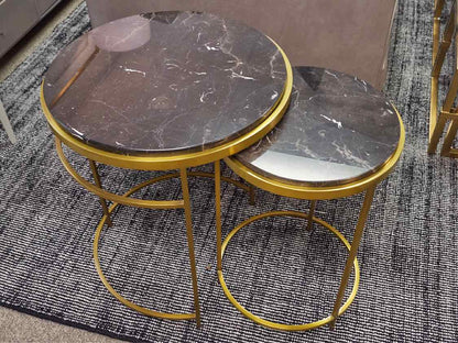 Pair of Black Marble Nesting  Side Tables with  Brass Base