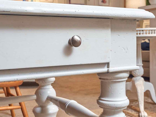 Antique Desk Finish In White With 4 Drawers & Turned Legs