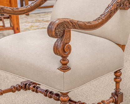 Carved Woodframe Armchair with Cream Linen Upholstery