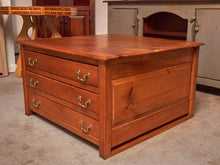 Stained Pine Square 3 Map Drawers Brass Handles Cocktail Table