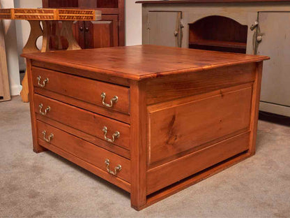 Stained Pine Square 3 Map Drawers Brass Handles Cocktail Table