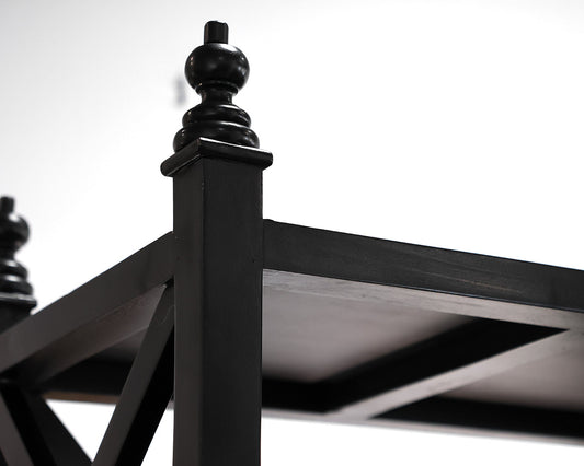 Black Etagere with Crisscross Side Detail and Top Finials
