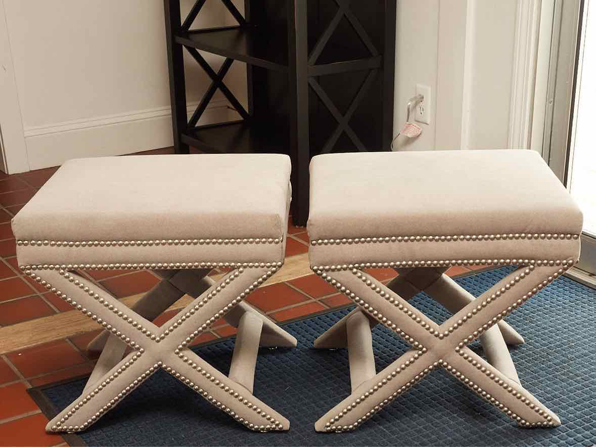 Pair of Grey Velvet X Base with Nickel Nailhead  Benches