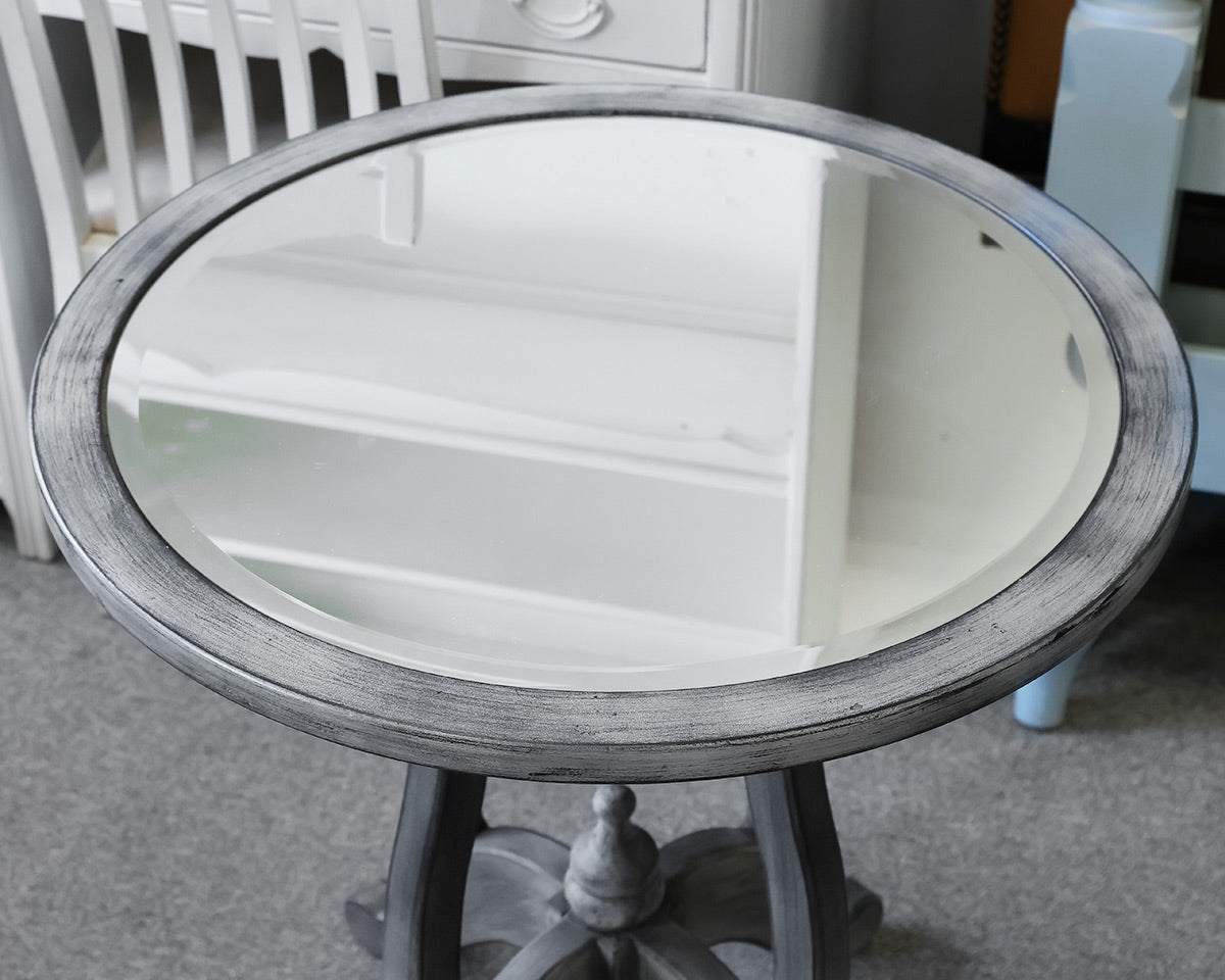 Mercana Round Mirrored Top Lamp Table in Grey Finish