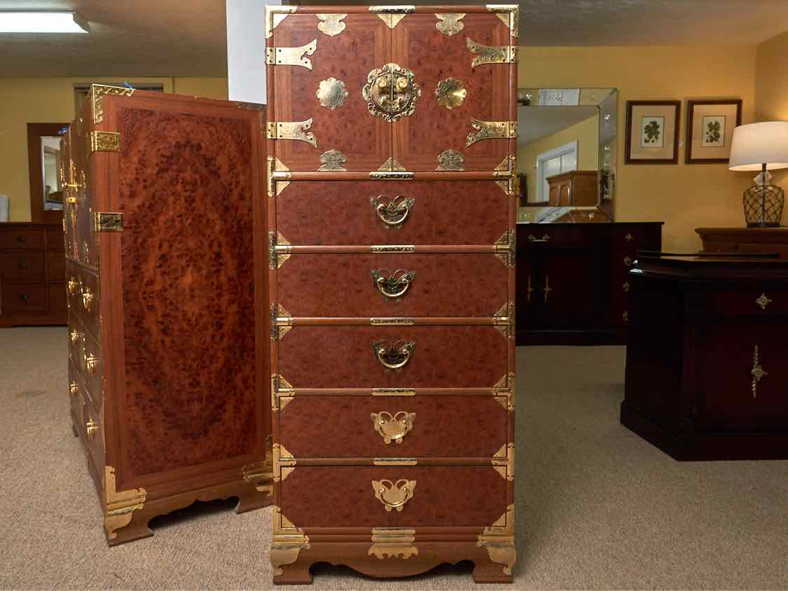 Asian Burled Walnut 5 Door Lingerie Chest with Brass Moth Handles