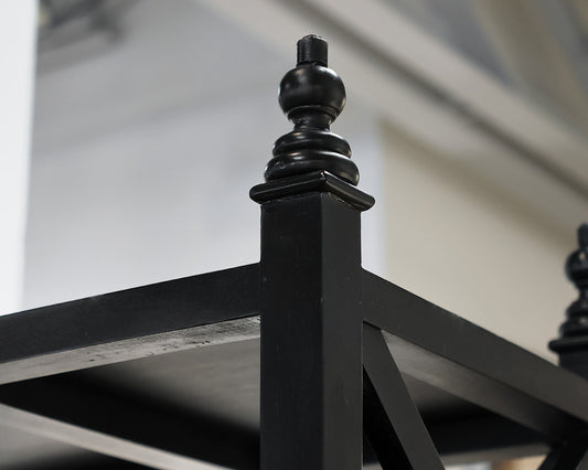 Black Etagere with Crisscross Side Detail and Top Finials