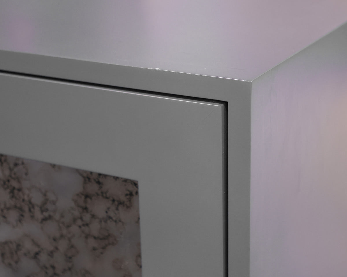 Custom Media Console in Grey Finish with Mirrored Doors & Satin Gold Hardware