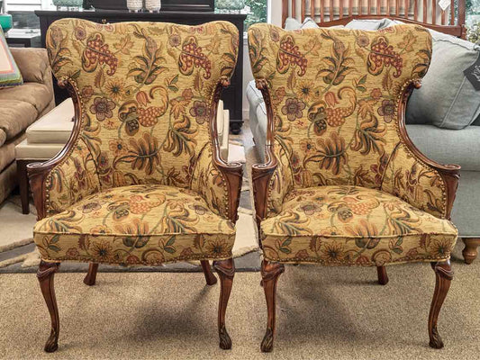 Pair of Fireside Wing Chairs in Autumn Tones on Carved Fruitwood Frame