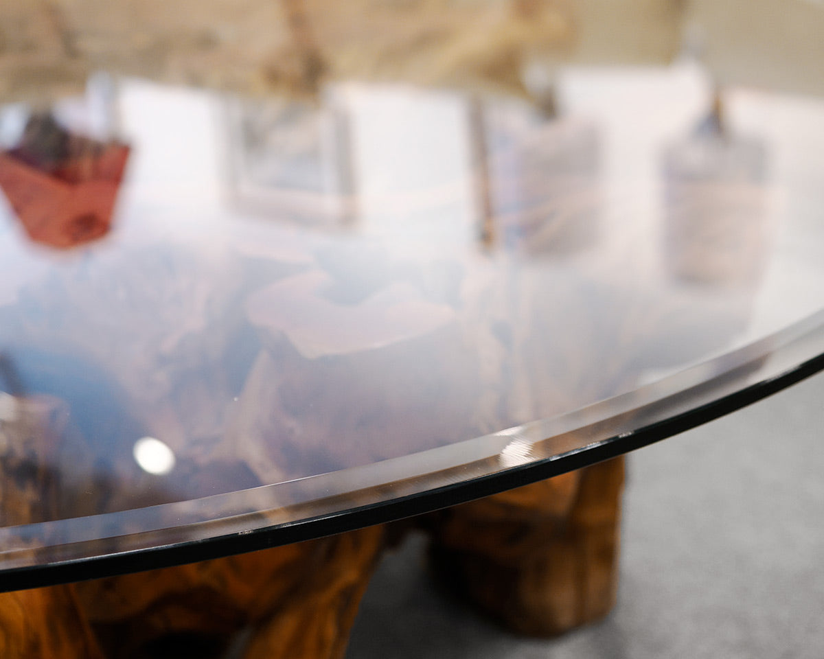 Round Glass Top Cocktail Table w/ Root Ball Pedestal