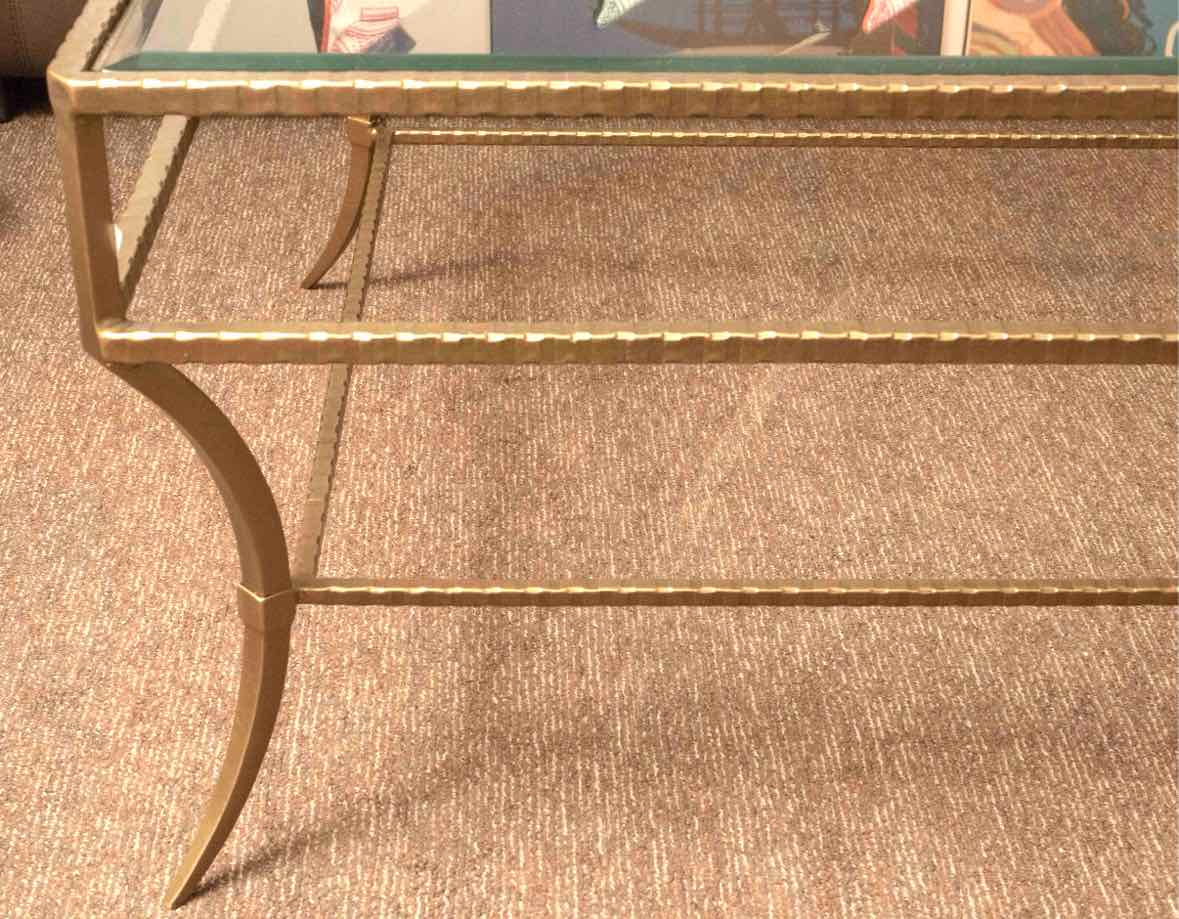 Hollywood Regency Style Glass Top   Brass Finish Metal Cocktail Table
