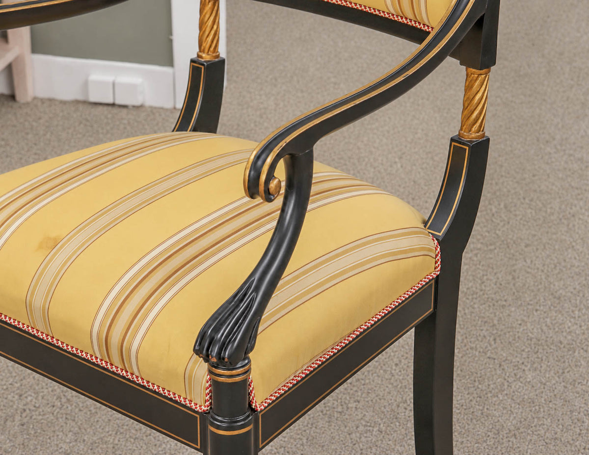 Pair of Regency Ebonized Arm Chairs with Gold Trim & Striped Yellow Silk