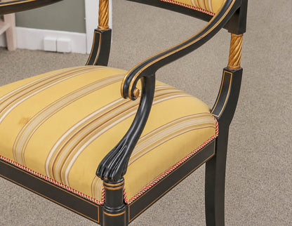 Pair of Regency Ebonized Arm Chairs with Gold Trim & Striped Yellow Silk