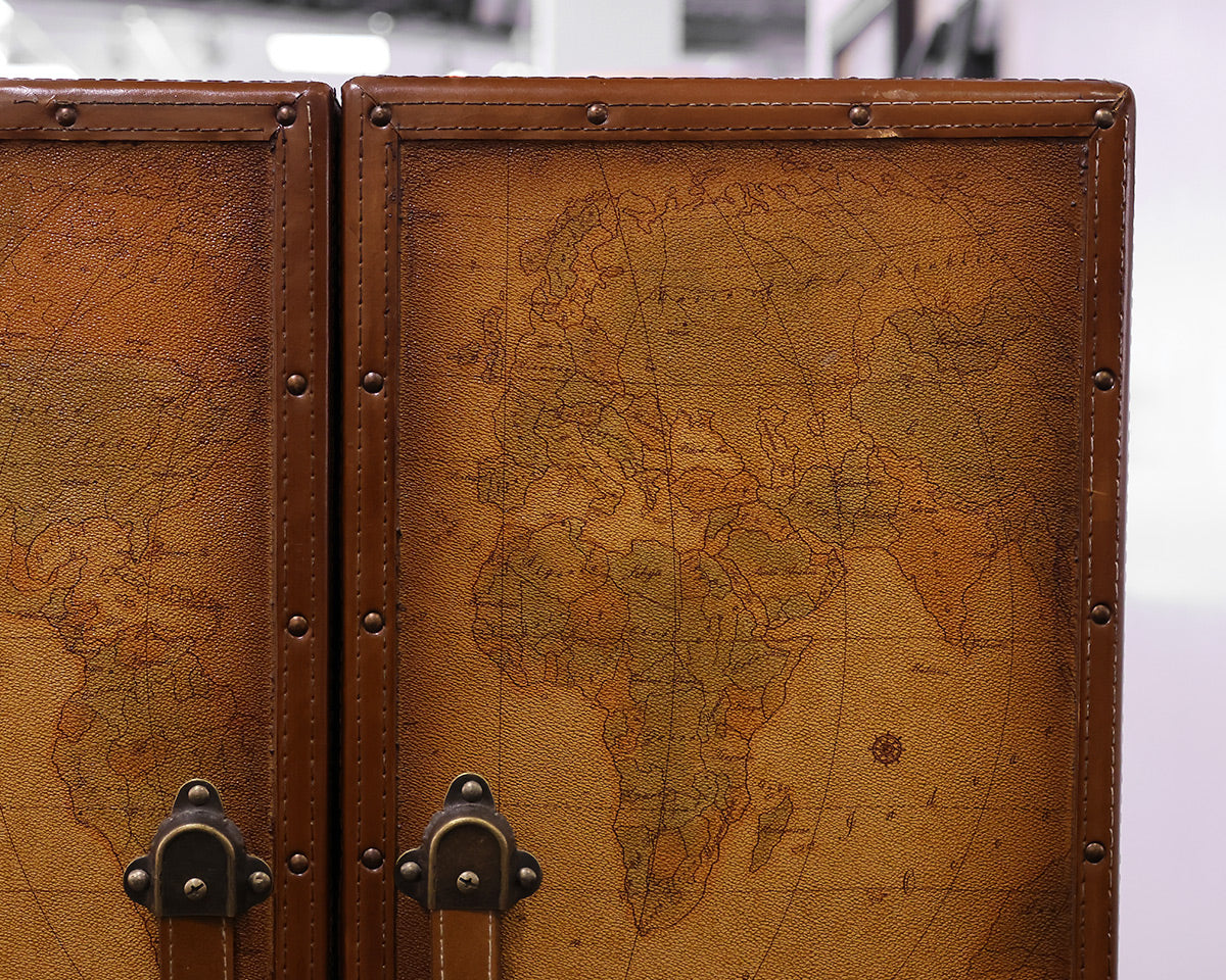 Leather-wrapped Suitcase Armoire with Map Print