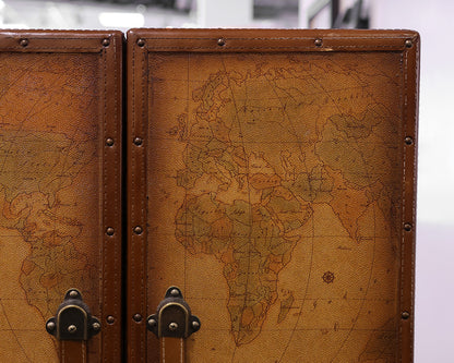 Leather-wrapped Suitcase Armoire with Map Print