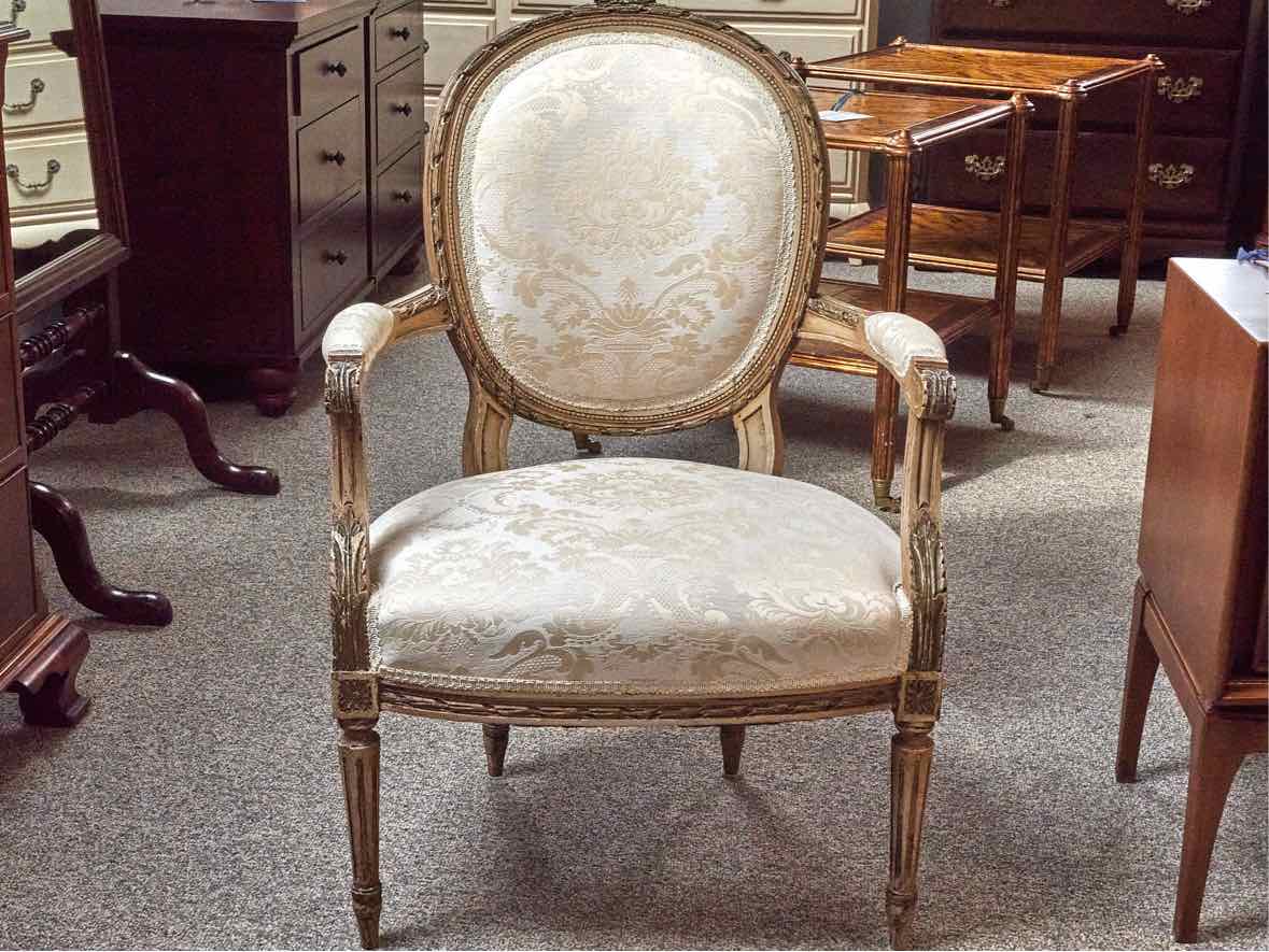 Louis XIV Cream Damask Arm Chair with Gold Carved Frame