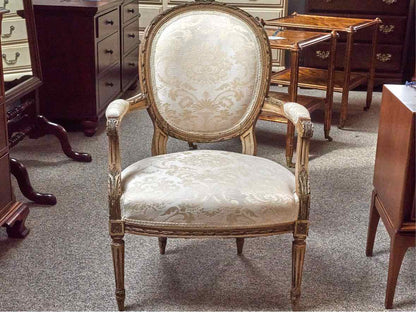 Louis XIV Cream Damask Arm Chair with Gold Carved Frame
