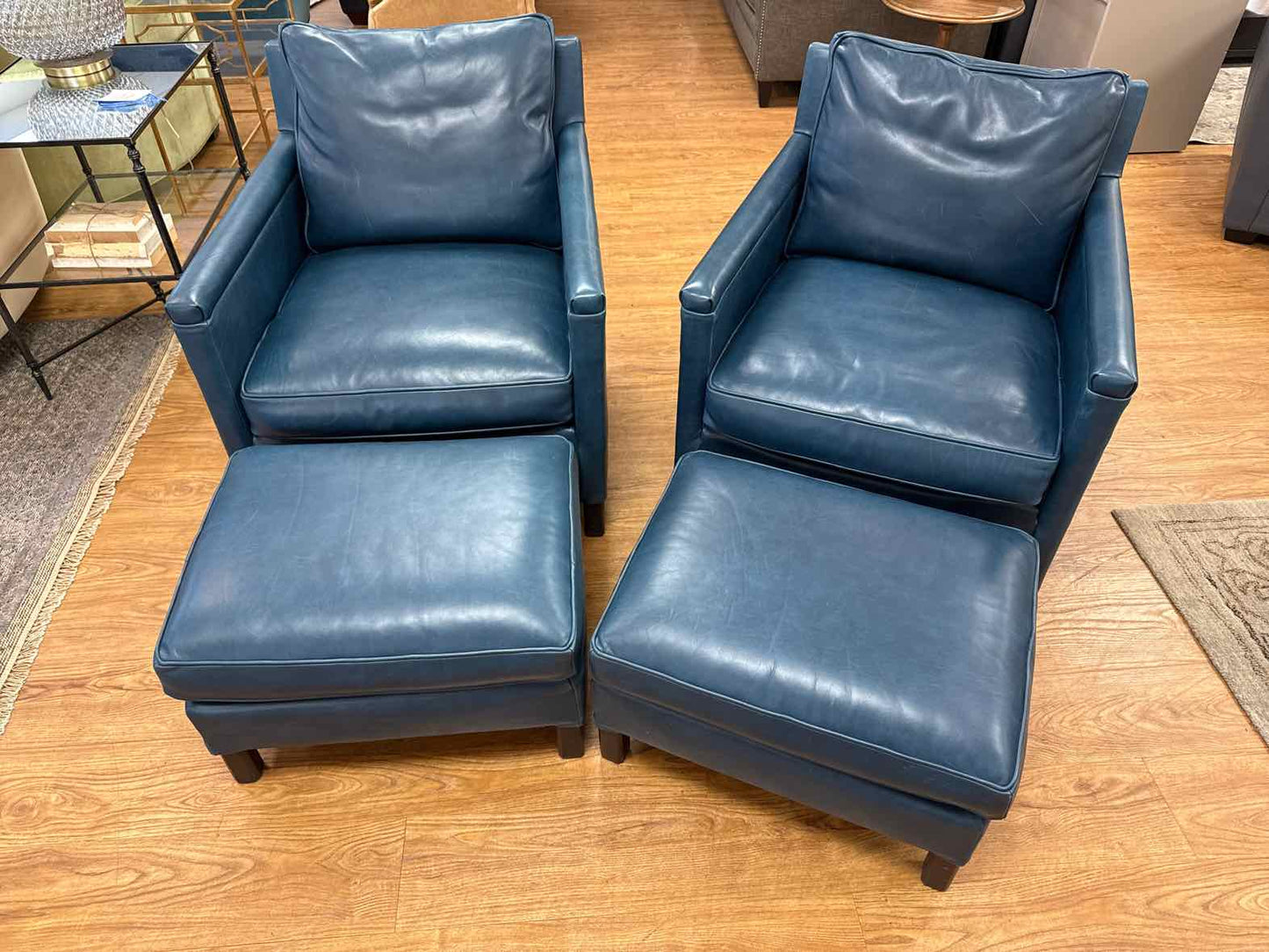 Lee Pair of Peacock Blue Leather Chairs w/ Ottomans