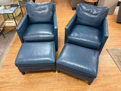 Lee Pair of Peacock Blue Leather Chairs w/ Ottomans