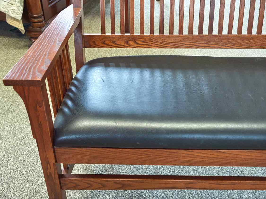 Nichols & Stone Mission Spindle Bench in Oak with Cherry Finish and Black Seat