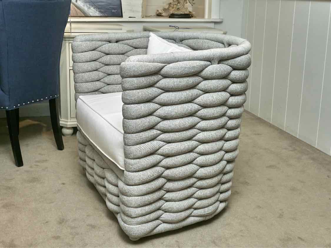 Light Grey Woven  Upholstered Swivel Chair with Ivory Seat Cushion