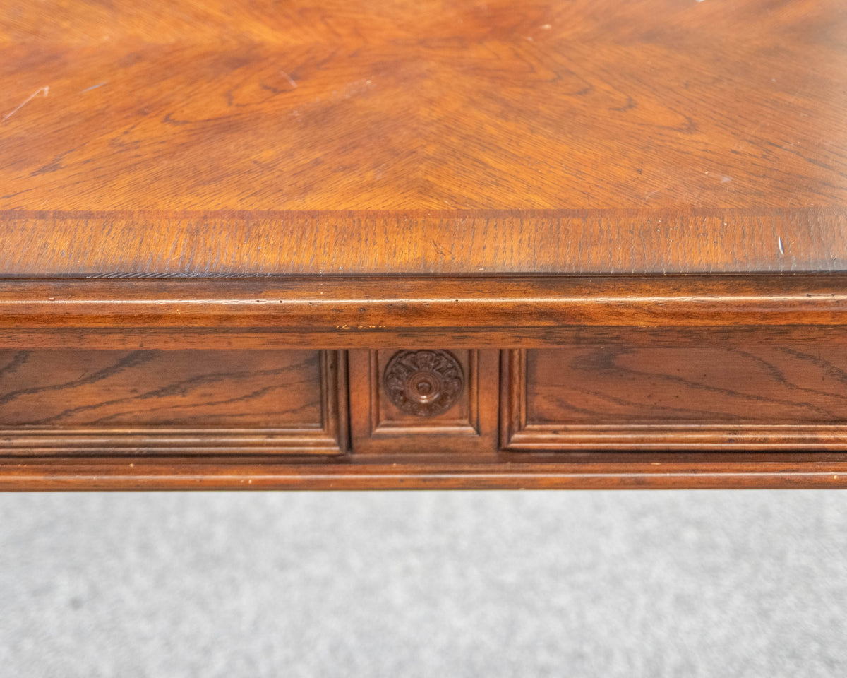 Broyhill Warm Brown Writting Desk W/Inlaid Table Top & Carved Trestle Leg Base