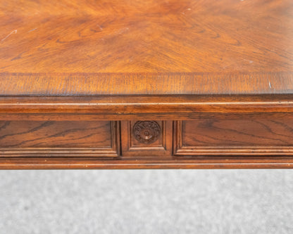 Broyhill Warm Brown Writting Desk W/Inlaid Table Top & Carved Trestle Leg Base