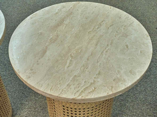 Pair of Crate & Barrel ' Vernet'  Cane Base with Travertine  Top Side Tables
