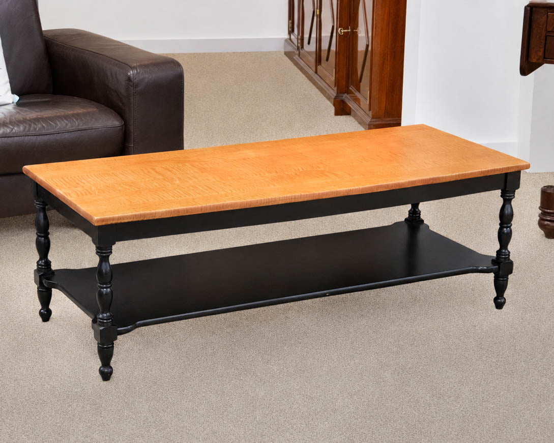 Tiger Maple Top Cocktail Table with Black Finish Spool Leg Base