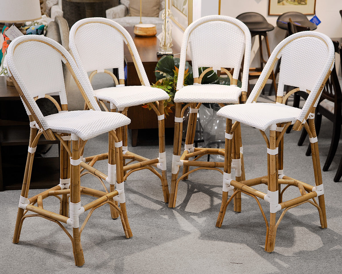 Set of 4 Serena & Lily "Riviera" Rattan Bar Stools