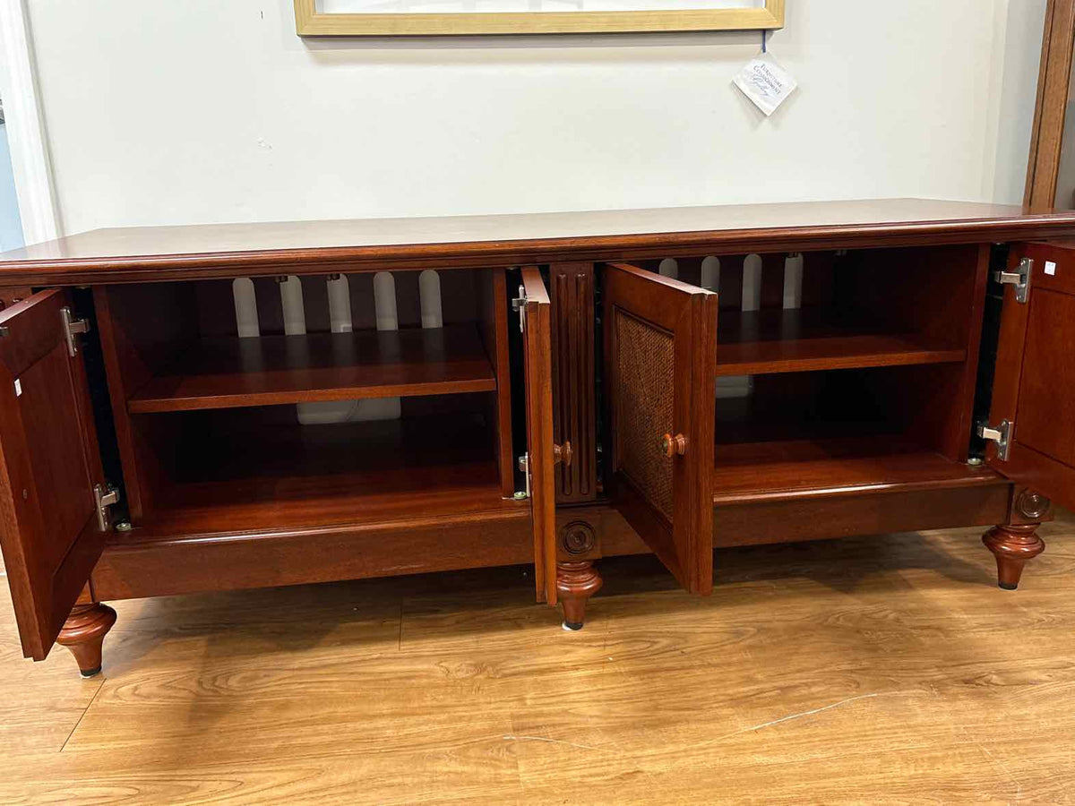 Ethan Allen Cherry 4 Door With Rattan Accents  Console