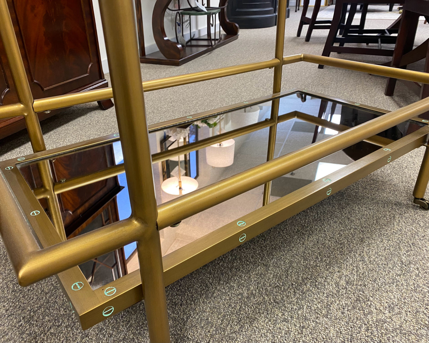 Brass Bar Cart with Glass Top & Mirrored Shelf