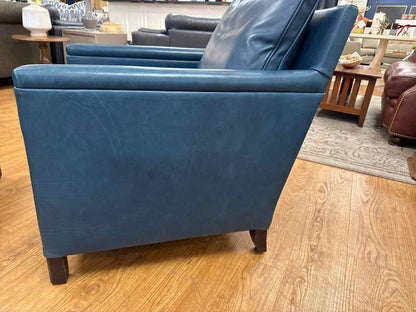 Lee Pair of Peacock Blue Leather Chairs w/ Ottomans