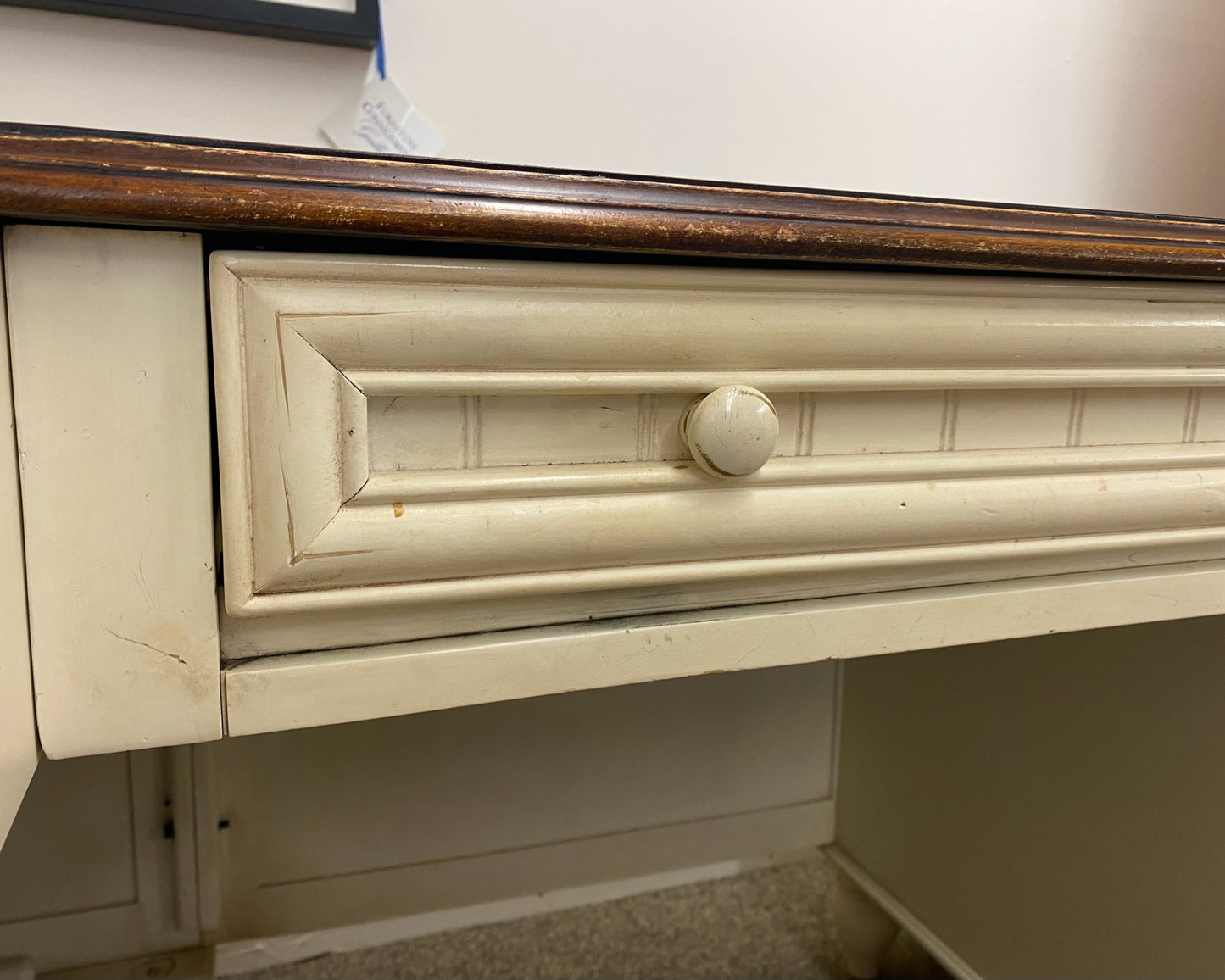 Beadboard Panel Corner Desk in Antique White with Cherry Finish Top