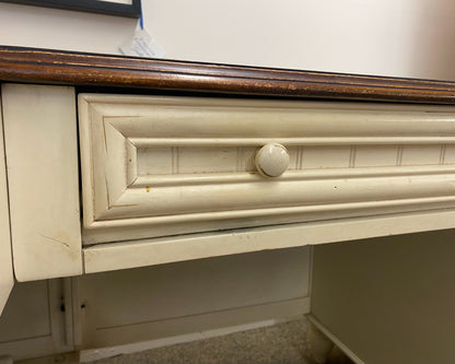 Beadboard Panel Corner Desk in Antique White with Cherry Finish Top