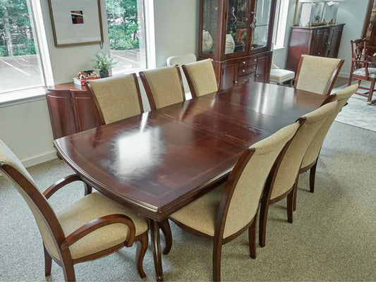 Dining Table in Inlaid Cherry Stain & Set of Eight Dining Chairs