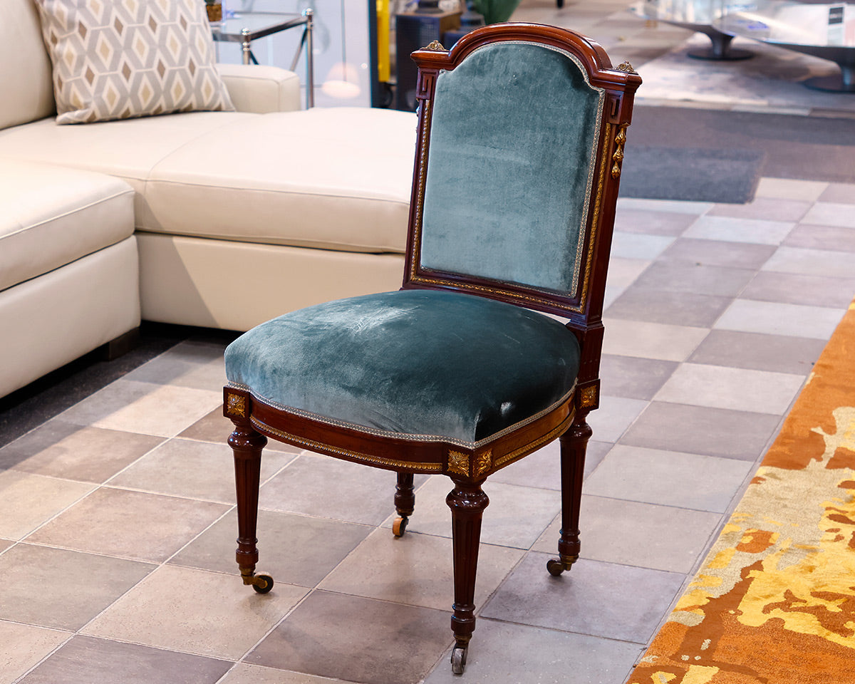 Set of 12 Custom Maison Grohe Upholstered Mahogany Dining Chairs on Casters