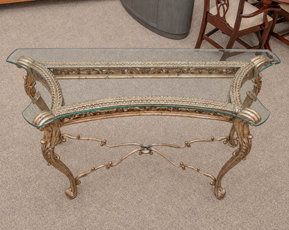 Ornate Silver-Gold Console Table with Glass Top