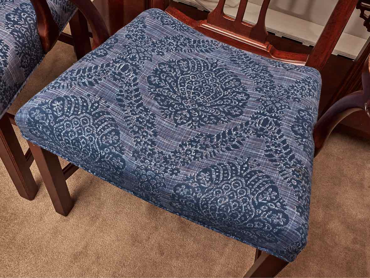 Pair of Mahogany Chippendale  Arm Dining  Chairs with Blue Damask