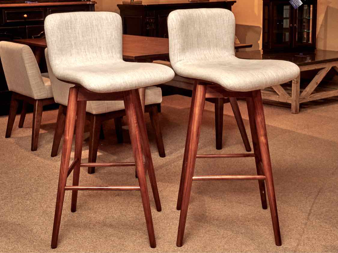 Pair Of Sede Swivel Walnut Legs Light Grey Upholstered Seats Bar Stools