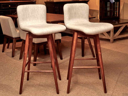 Pair Of Sede Swivel Walnut Legs Light Grey Upholstered Seats Bar Stools