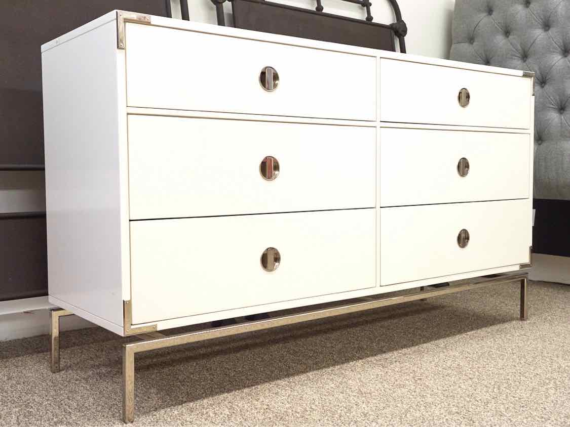 West Elm Cream 6 Drawer Dresser with Nickle Pulls & Legs