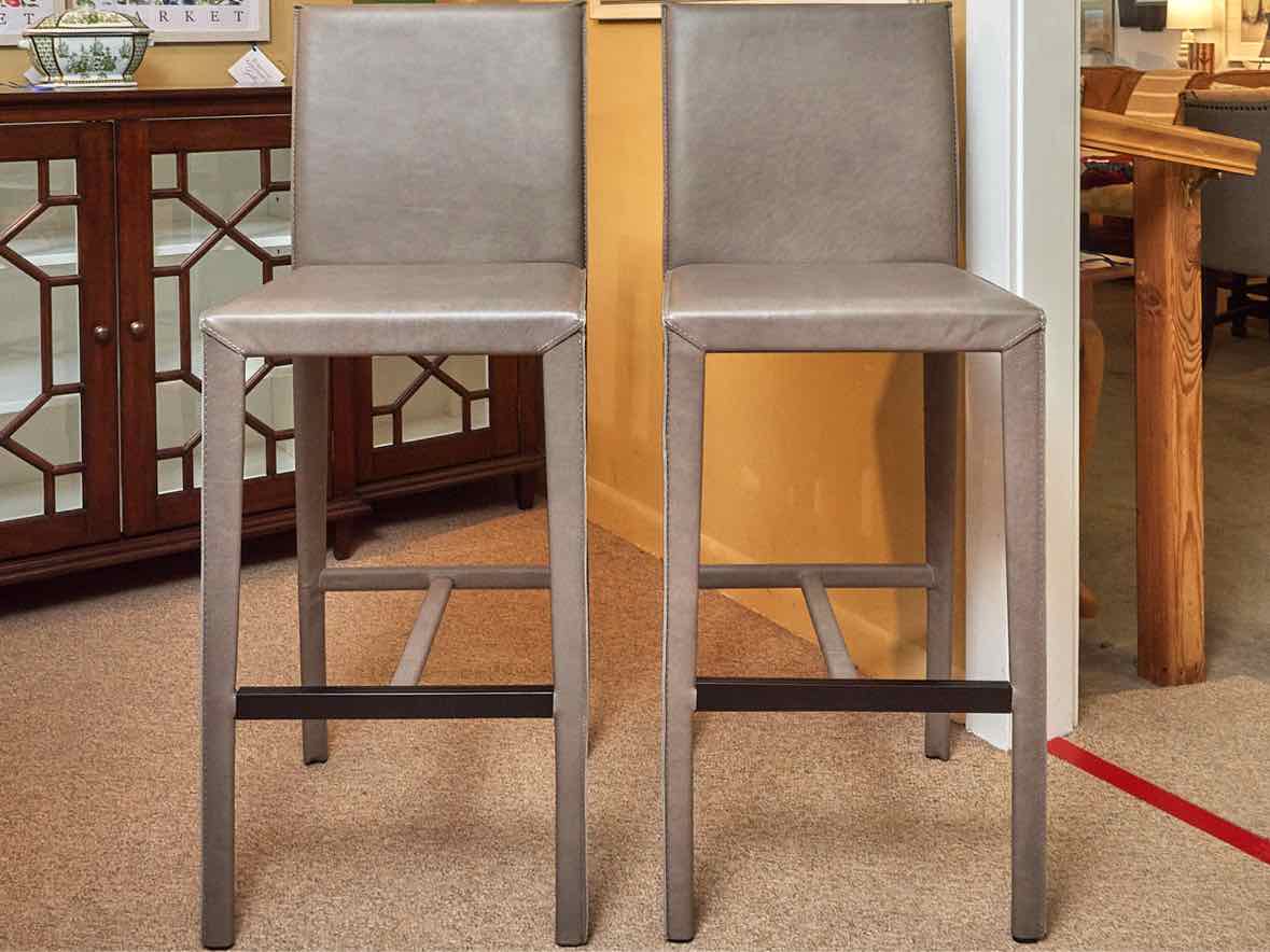 Pair Of Crate & Barrel Gray Leather Wrap Bar Stools
