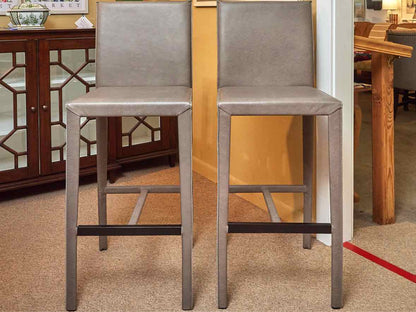 Pair Of Crate & Barrel Gray Leather Wrap Bar Stools