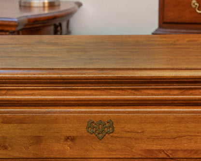 Cherry Eight Drawer Dresser In Warm Chestnut Finish W/ Scroll  Brass Bail Pulls